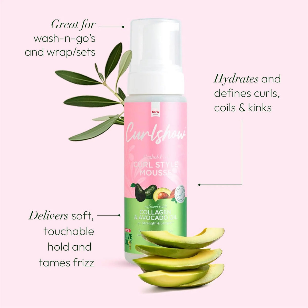 ORS Curlshow Curl Style Mousse-flaske med collagen og avokadoolie, omgivet af olivengrene og skiver af avokado.