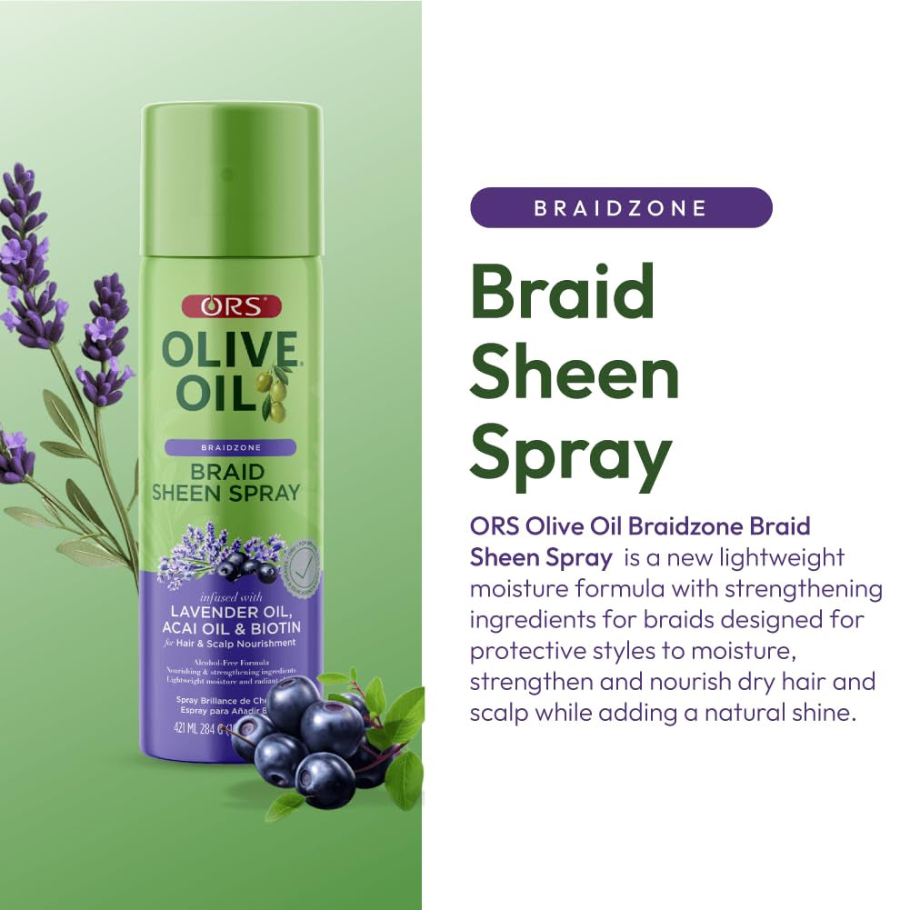 Grøn ORS Olive Oil Braidzone Braid Sheen Spray 421ml med lavendel og acaibær på lysegrøn baggrund.