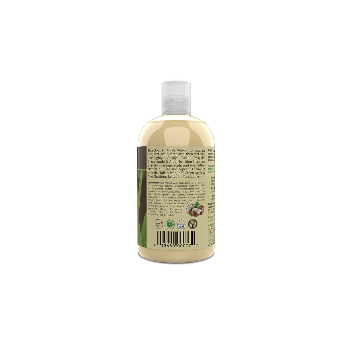 Flaske med Taliah Waajid Apple Aloe Shampoo 355ml i beige og grønne farver med ingrediensbeskrivelse og påført stregkode.