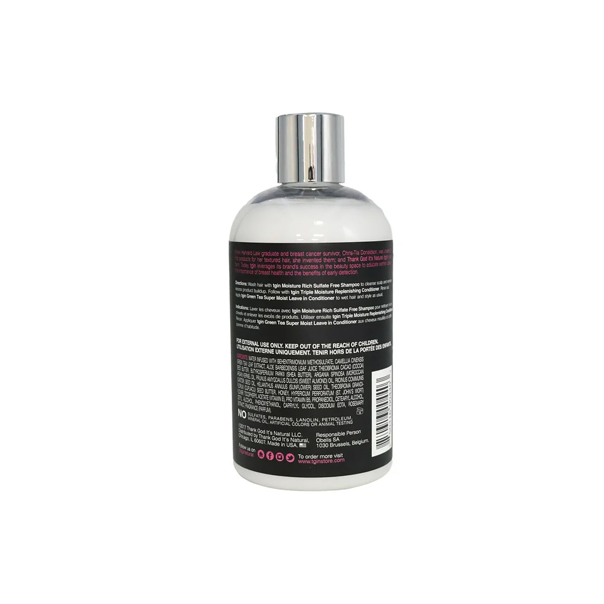 Flaske med TGIN Green Tea Super Moist Leave-in Conditioner 384ml med sølv låg og sort label med ingrediensliste.