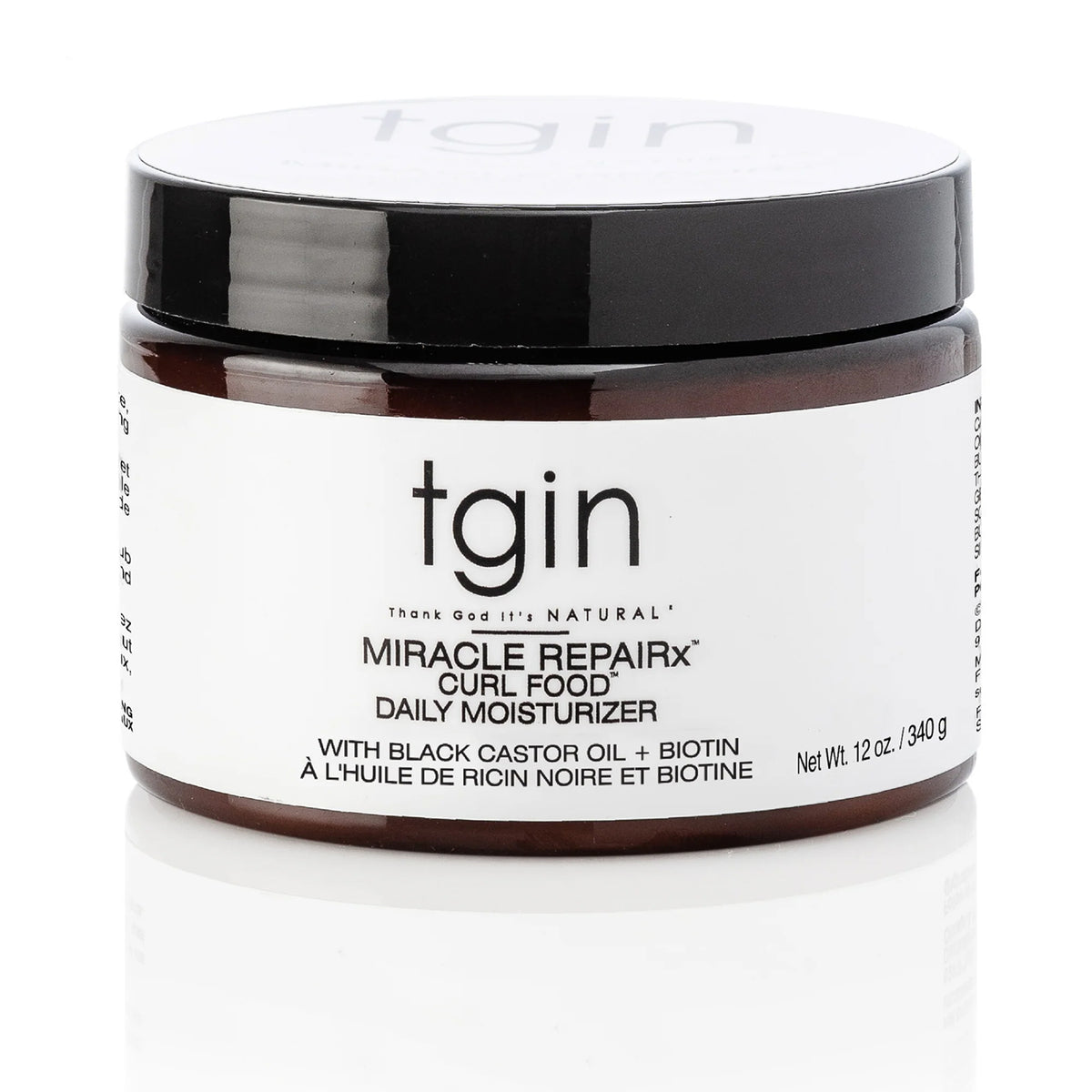 Brun krukke med TGIN Miracle RepairX Curl Food 340gr på hvid baggrund med sort låg og tydelig produktetiket.