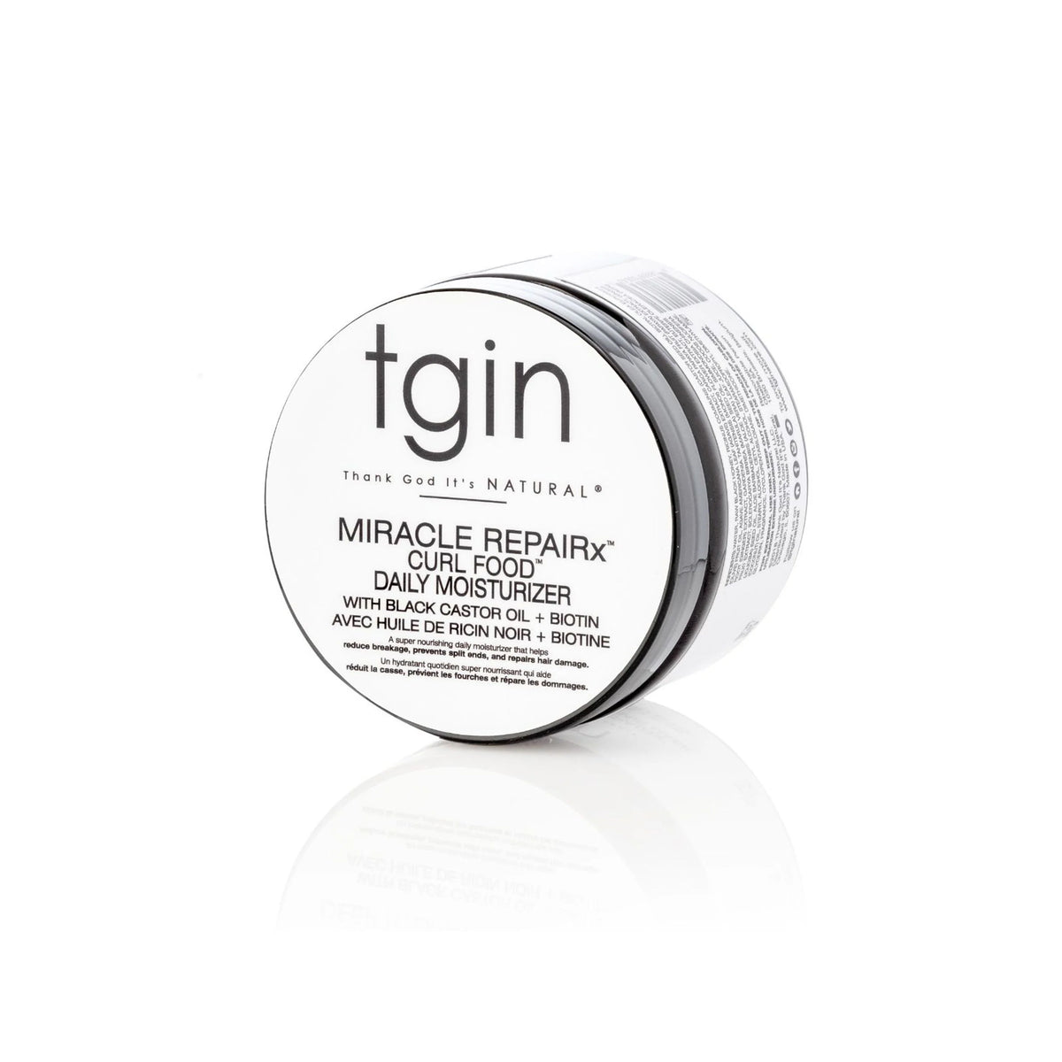 Sort og hvid krukke med TGIN Miracle RepairX Curl Food 340gr til krøllet hår, placeret mod hvid baggrund.