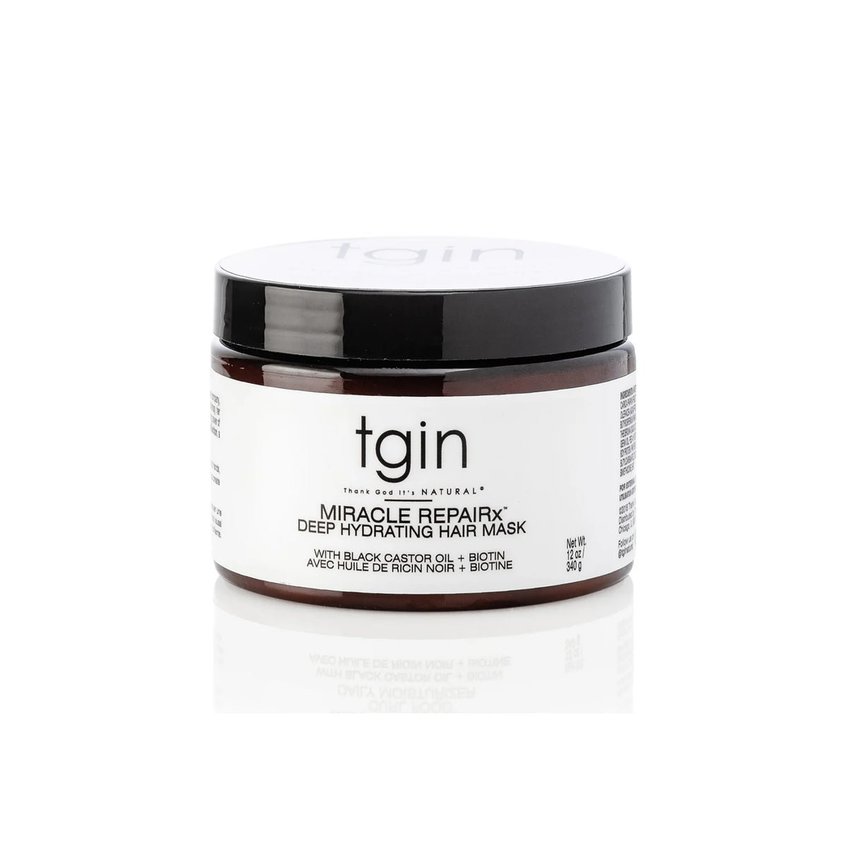 TGIN Miracle RepairX Deep Hydrating Mask 340gr i brun beholder med sort låg og hvid label på hvid baggrund.