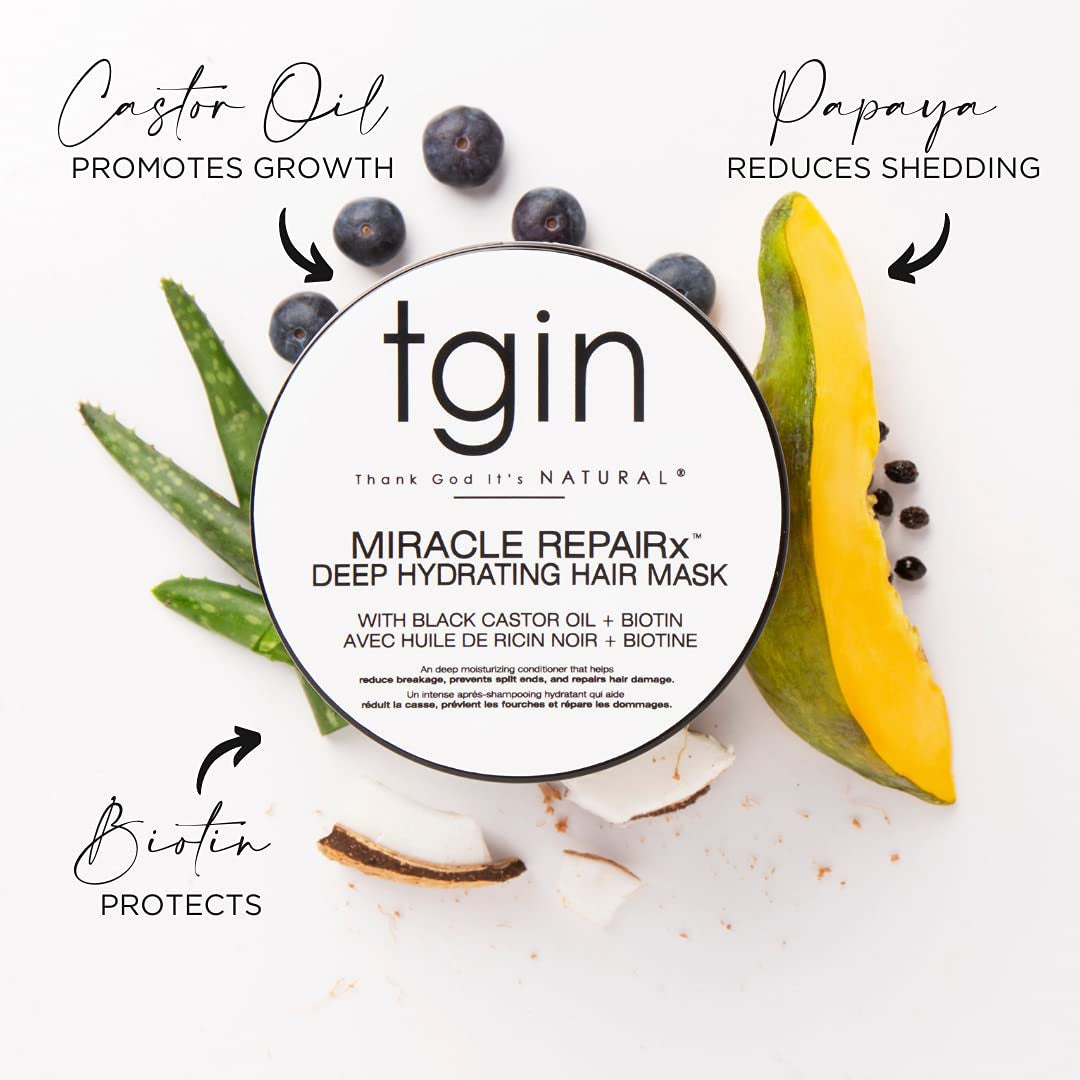 TGIN Miracle RepairX Deep Hydrating Mask 340gr omgivet af papaya, kokos, aloe vera og blåbær på hvid baggrund.