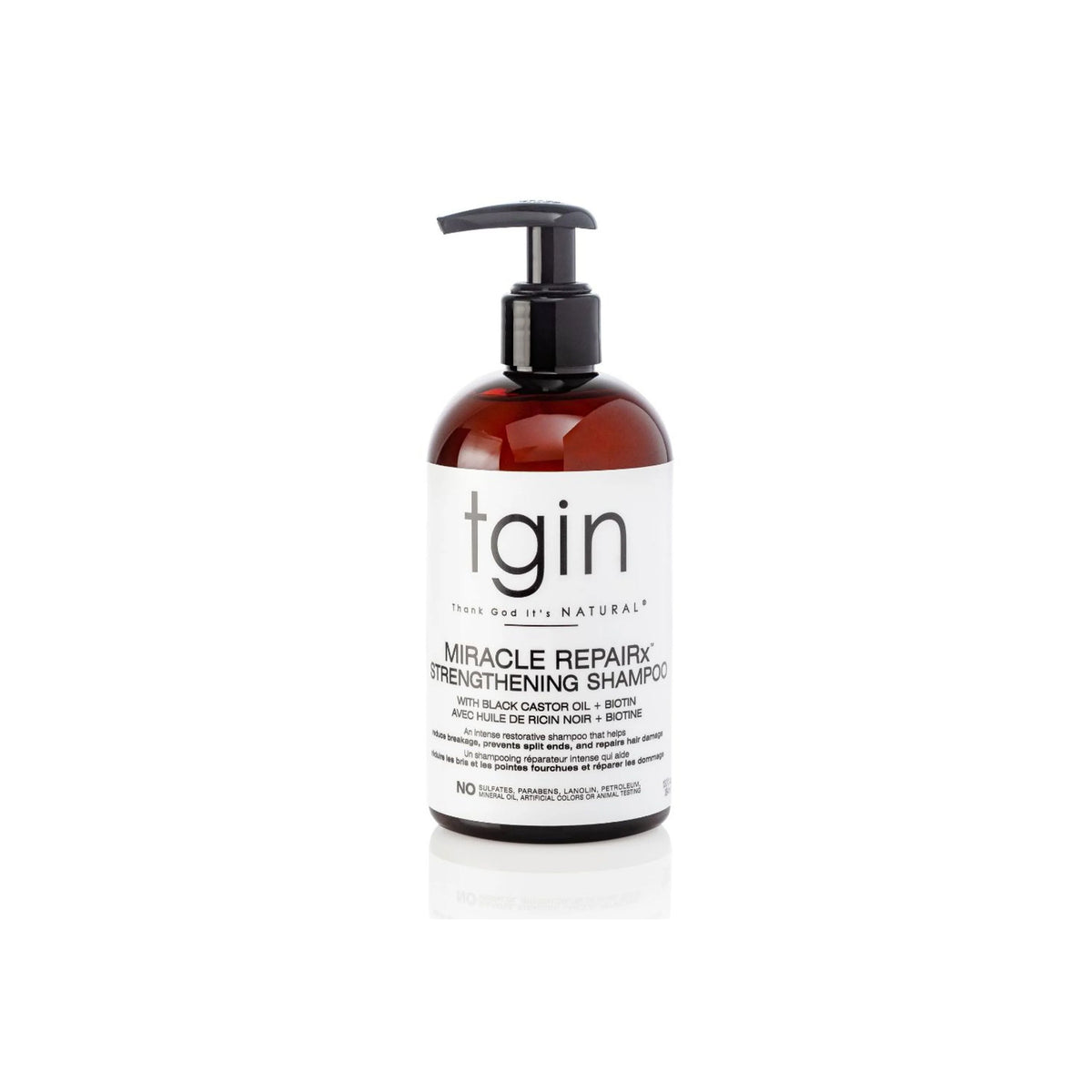 TGIN Miracle RepairX Strengthening Shampoo 384ml med pumpe i brun plastflaske med hvid label på hvid baggrund.
