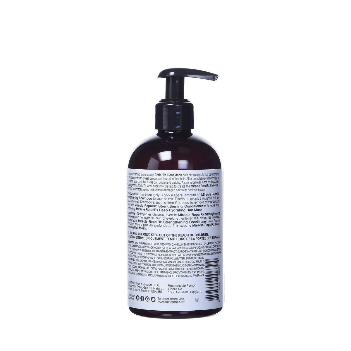 Brun flaske med pumpe af TGIN Miracle RepairX Strengthening Shampoo 384ml, vist med produktbeskrivelse på bagsiden.