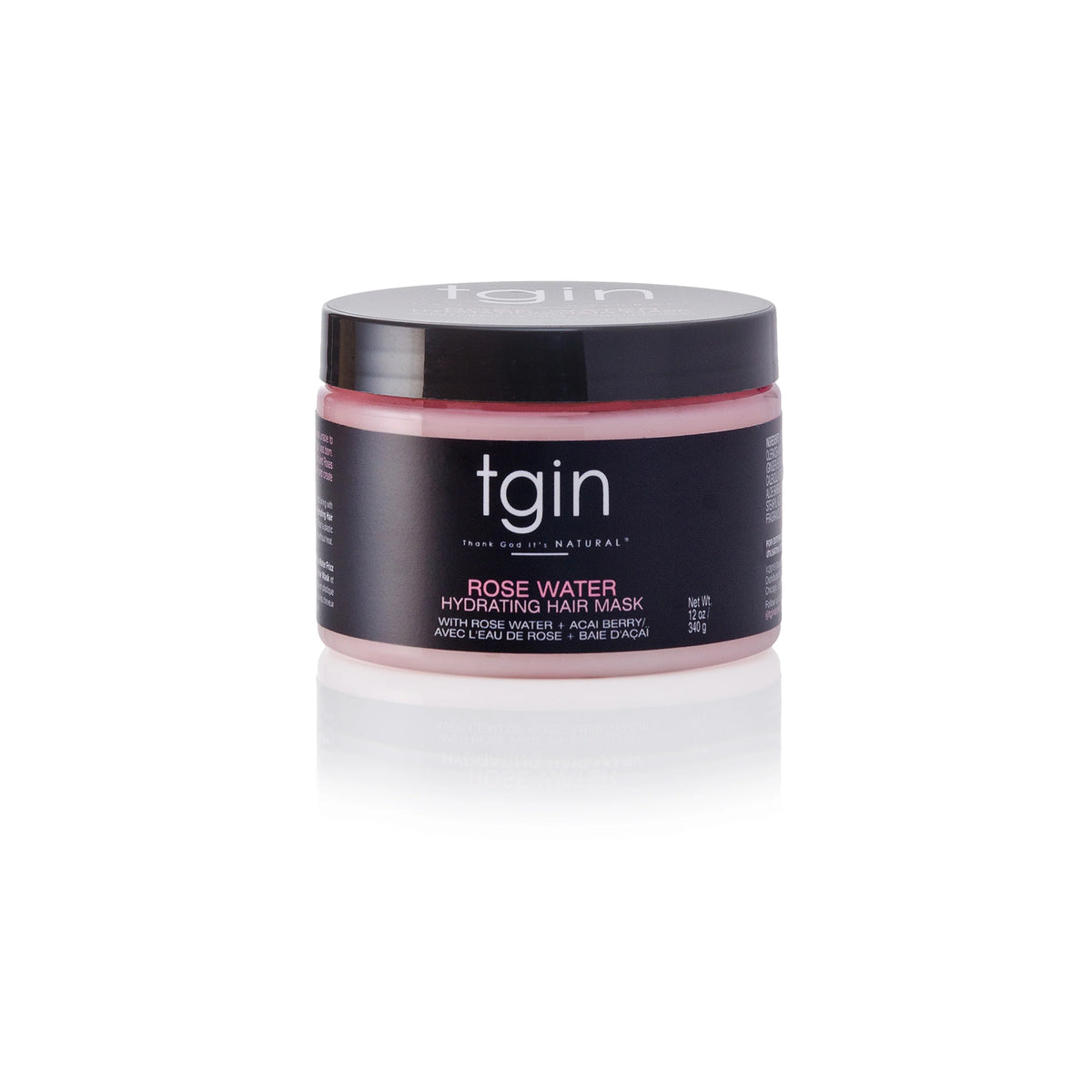 TGIN Rose Water Hydrating Mask 340gr i sort bøtte med lyserød hårkur og hvid tekst, set på hvid baggrund.