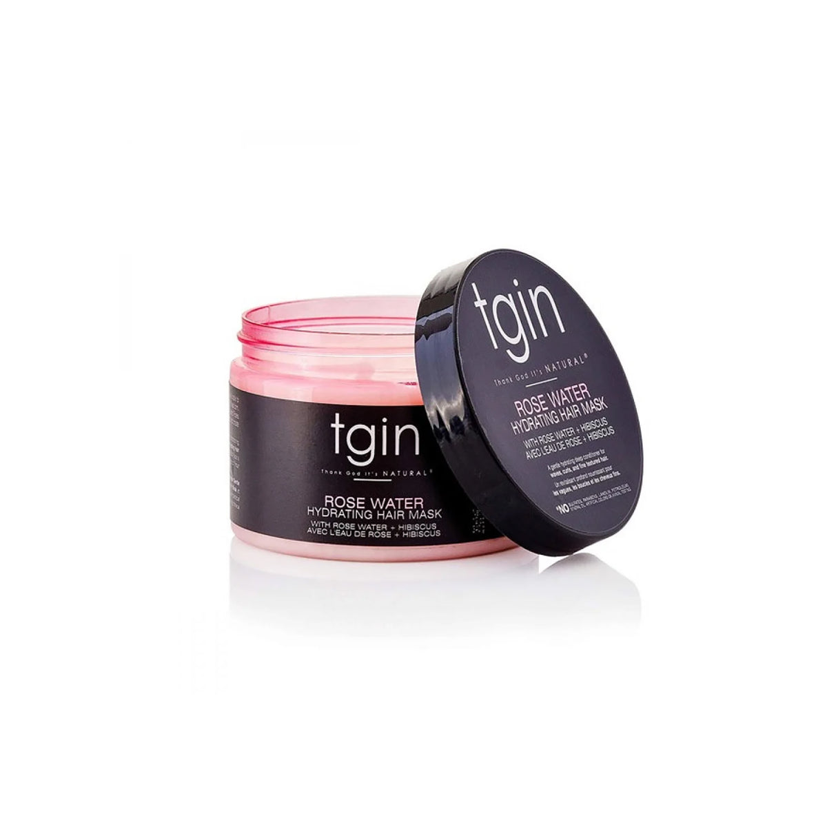 TGIN Rose Water Hydrating Mask 340gr med åben sort låg, viser lyserød hårmaske i rund krukke på hvid baggrund.